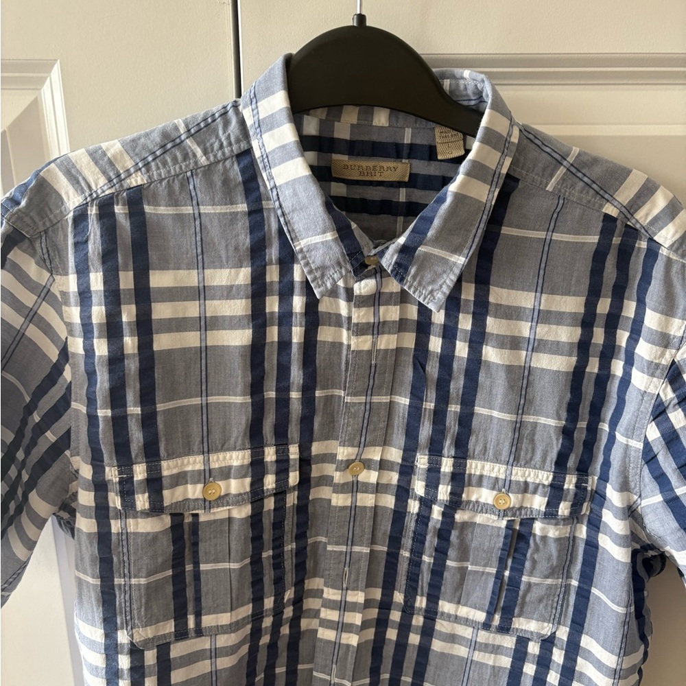 Burberry Navy and White Checkered Men's Shirt